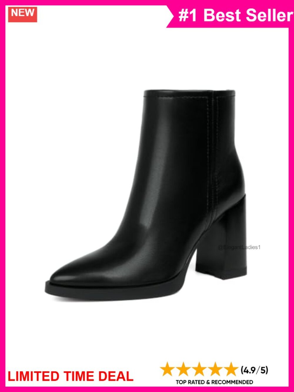 Pointed Toe Ankle Boots Chunky Block High Heel Faux Leather Side Zip Booties